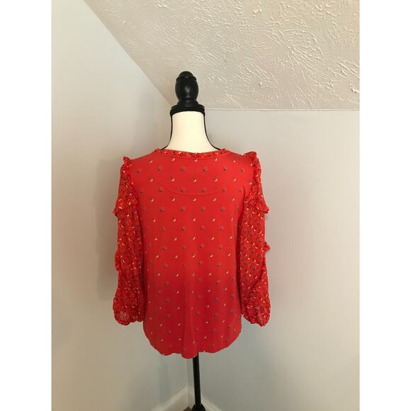 Anthropologie Maeve Women's Jacquin Red Peasant Tie Neck Ruffle Blouse - Medium - Picture 4 of 11